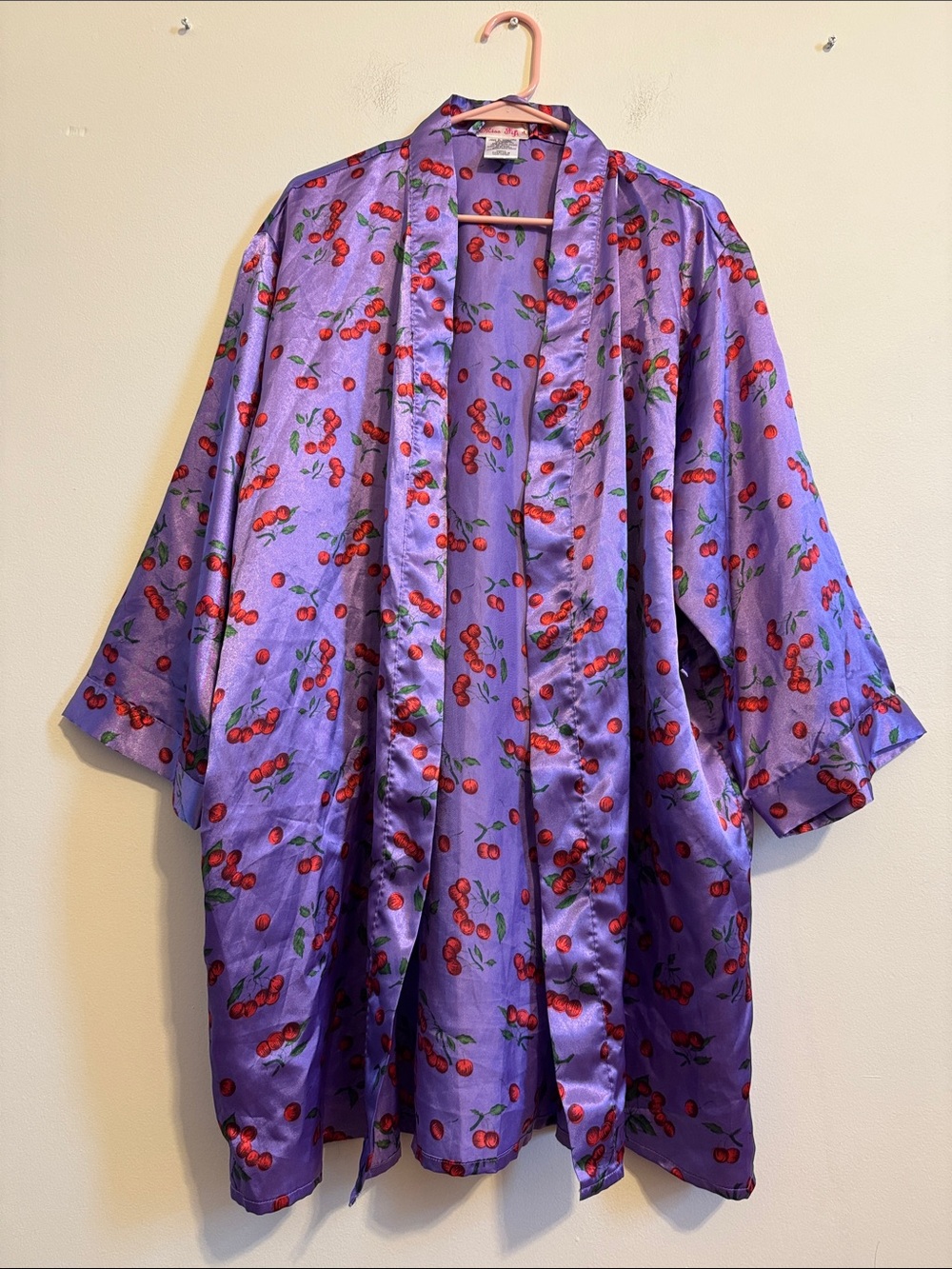 Satin Kimono Robe in Purple Cherry Print